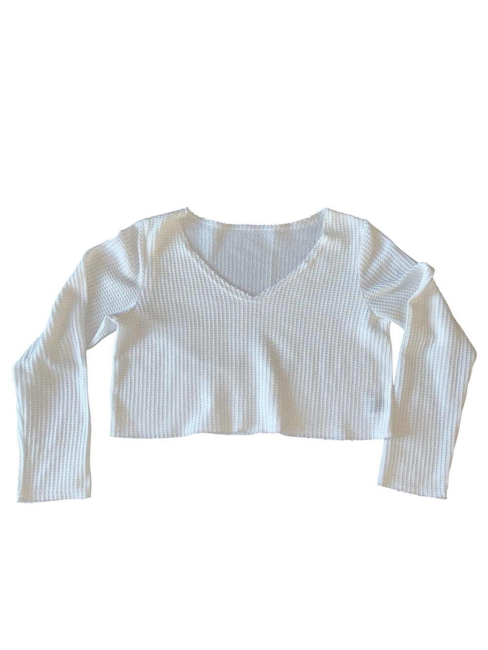 SHEIN White V-Neck Cropped Waffle Long Sleeve Cropped Top Size XS